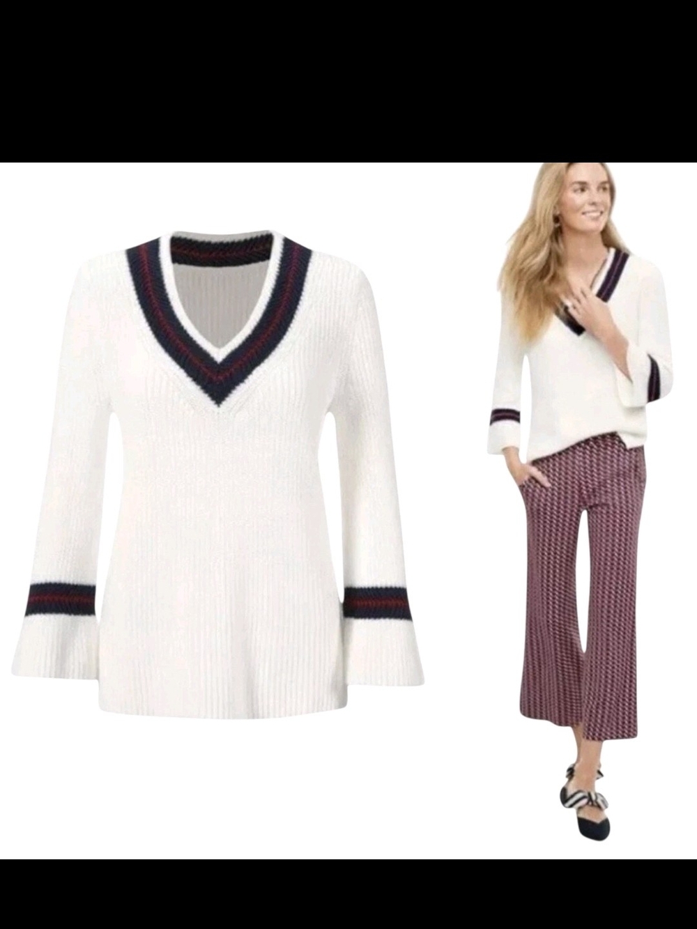 Cabi Cream Chunky Knit Cricket Sweater Varsity Trim Coastal Prep Women’s M